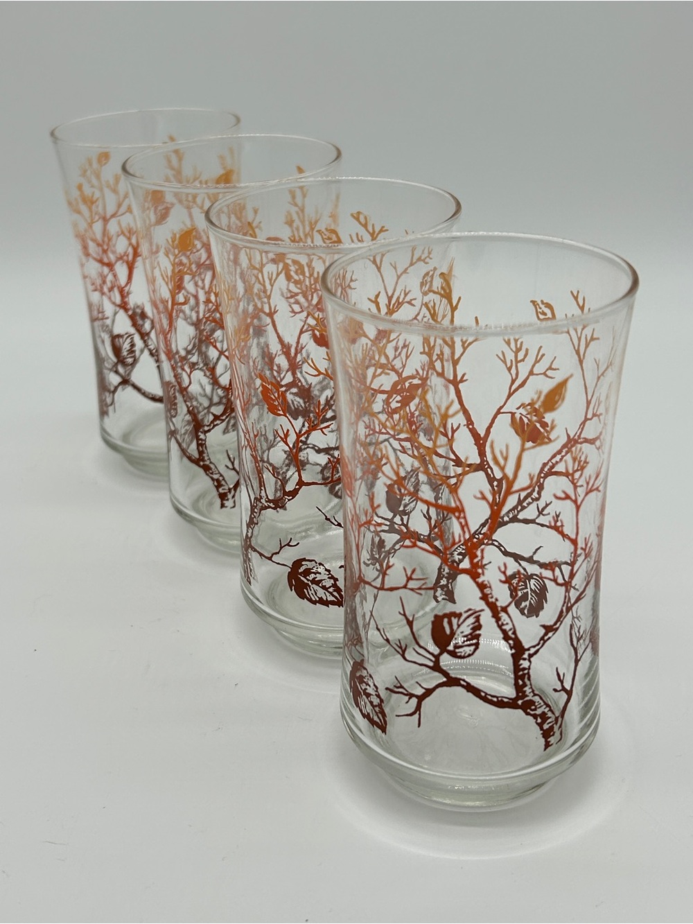 Vintage Libbey Glass Autumn Trees Iced Tea Glasses Orange Brown Ombre 4pc
